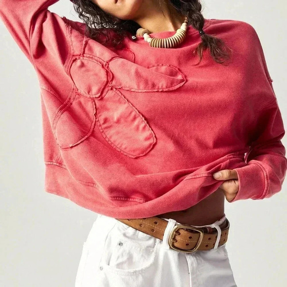 Red Casual Women's Embroidery Design Crew Neck Loose Knit Sweatshirt - Picture 4 of 6